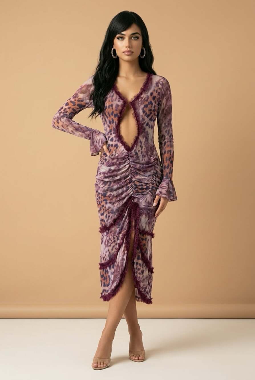 Fashion Nova Leopard Print Mesh Ruffle Midi Dress Size L